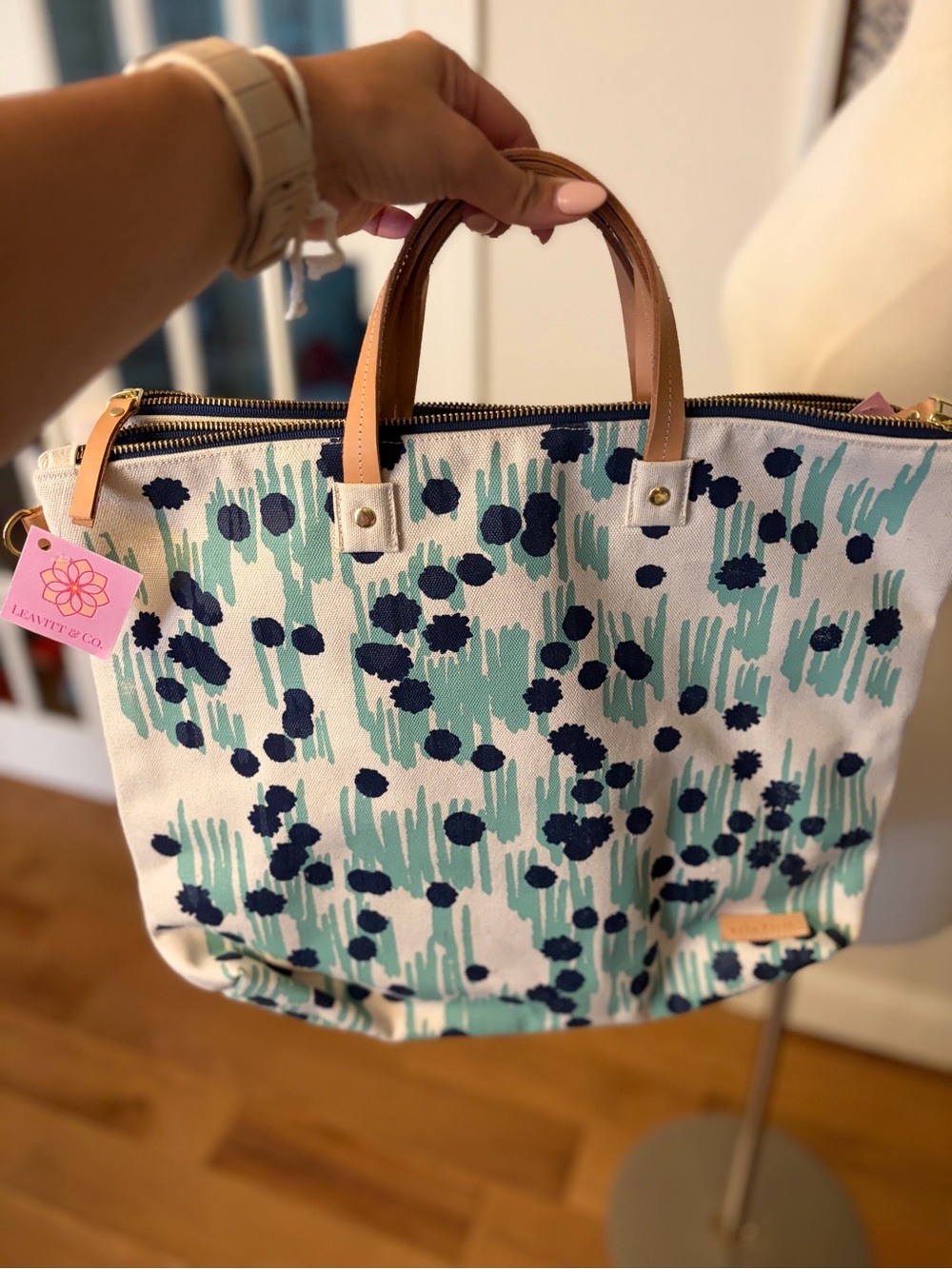 Canvas Tote Bag with Navy Dot & Teal Brushstroke Print